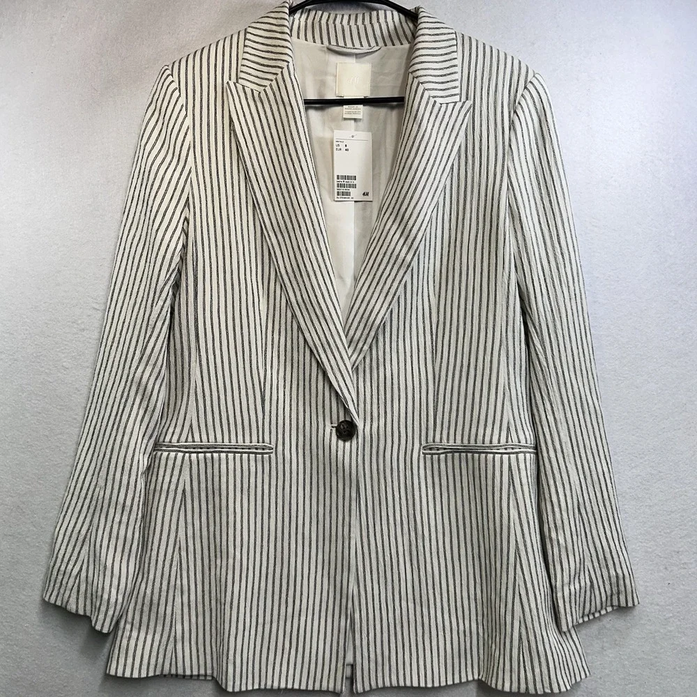 H&M Women's Blazer Preppy Black And White Pin Striped Size 8 NWT
